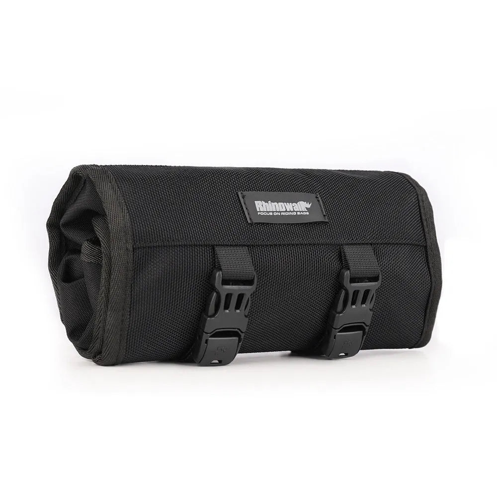 Motorcycle tool storage roll unfolded showing 8 elastic straps and mesh zipper pouch in black polyester fabric