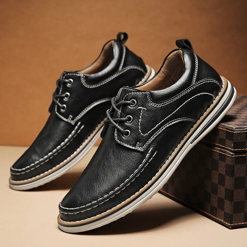 Men's black genuine leather casual lace-up shoes with round toe and low rubber sole