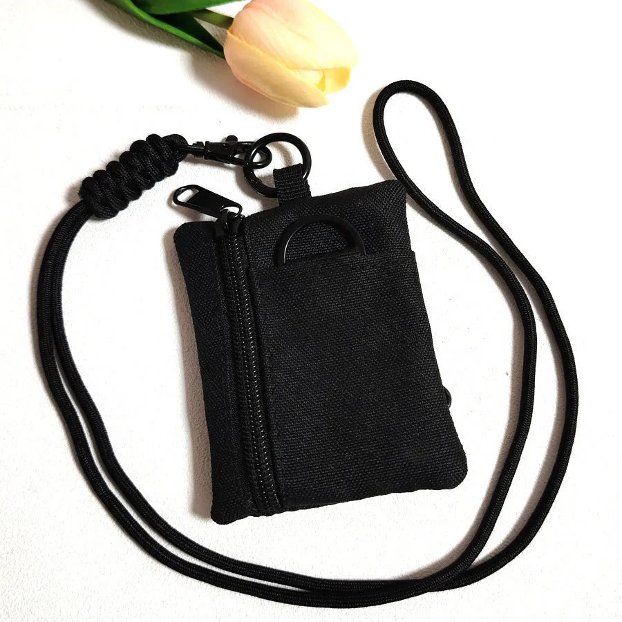 Mini multifunctional earphone bag in Oxford cloth, 9 x 10cm, with 52cm lanyard, shown in Black, Khaki or Army Green