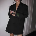 Retro loose black women's polyester suit jacket with pockets, front view, long sleeves, mid-length
