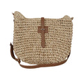 Beige handmade woven crossbody bag with a sandwich pocket and adjustable shoulder strap.