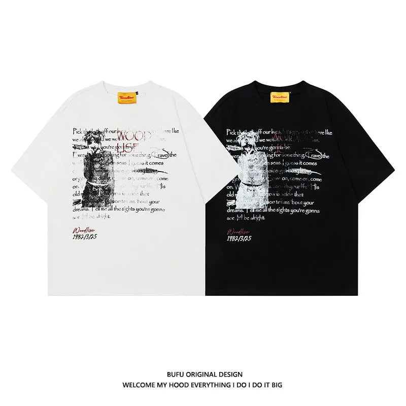 Men's black and white pure cotton loose T-shirt with letter print and raglan sleeves