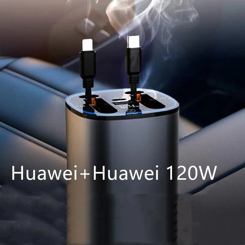 Black universal car charger with four USB ports plugged into a vehicle cigarette lighter socket.
