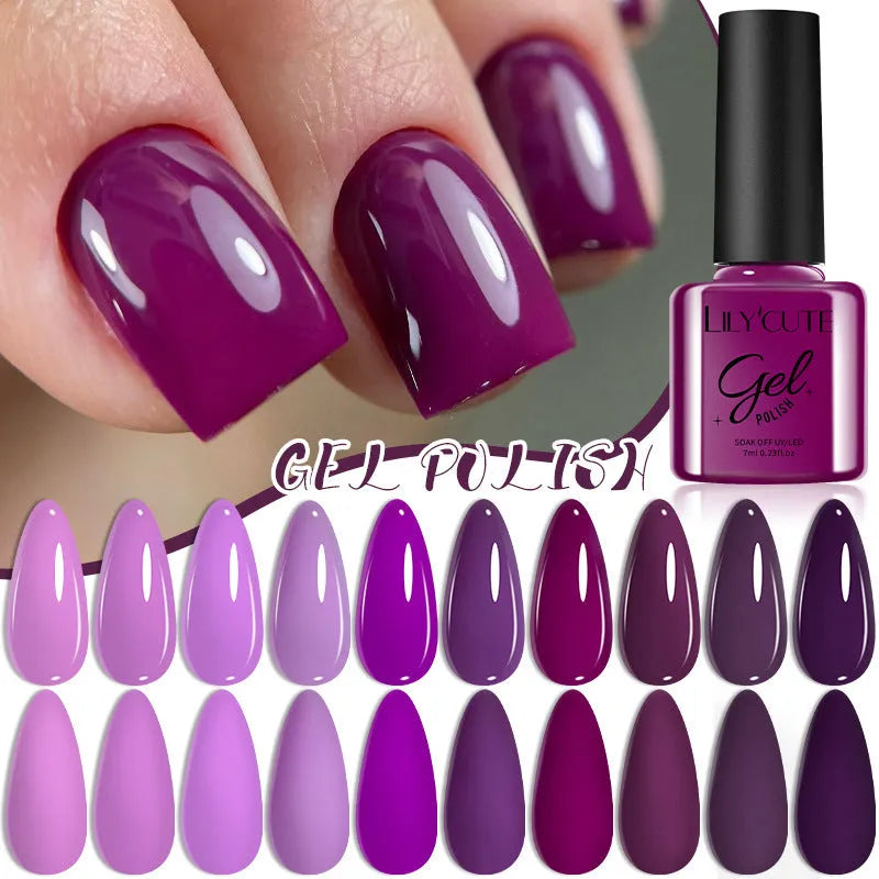 UV gel nail polish set showing 20 solid colour bottles including nude, glitter and sequin finishes