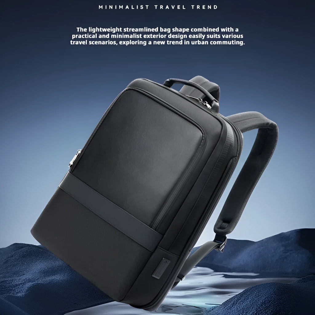 Men's commuter nylon backpack in black with stitched design and large 20-35 litre capacity for business travel