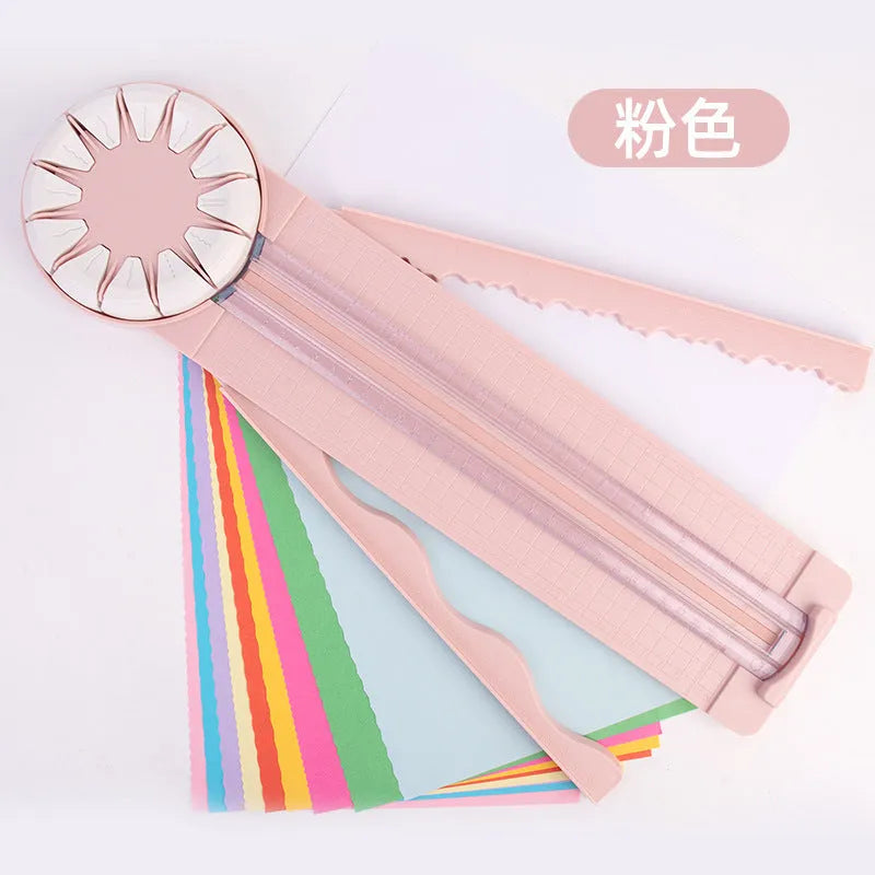 Pink and black 12-in-1 plastic paper cutting machine with dotted guides for A4 paper