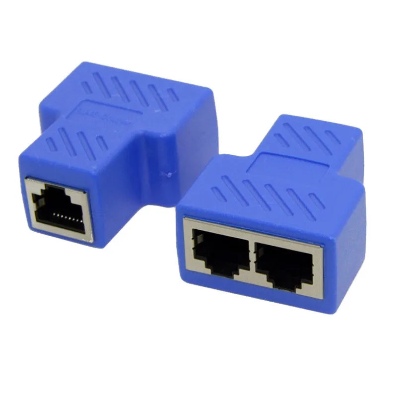 RJ45 network tee splitter adapter in multiple colours, showing one input and two output ports.