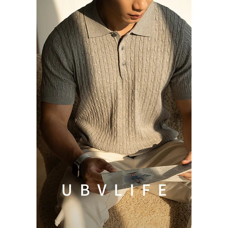 Man wearing a khaki short-sleeve business casual top, showing slim fit and fabric texture.