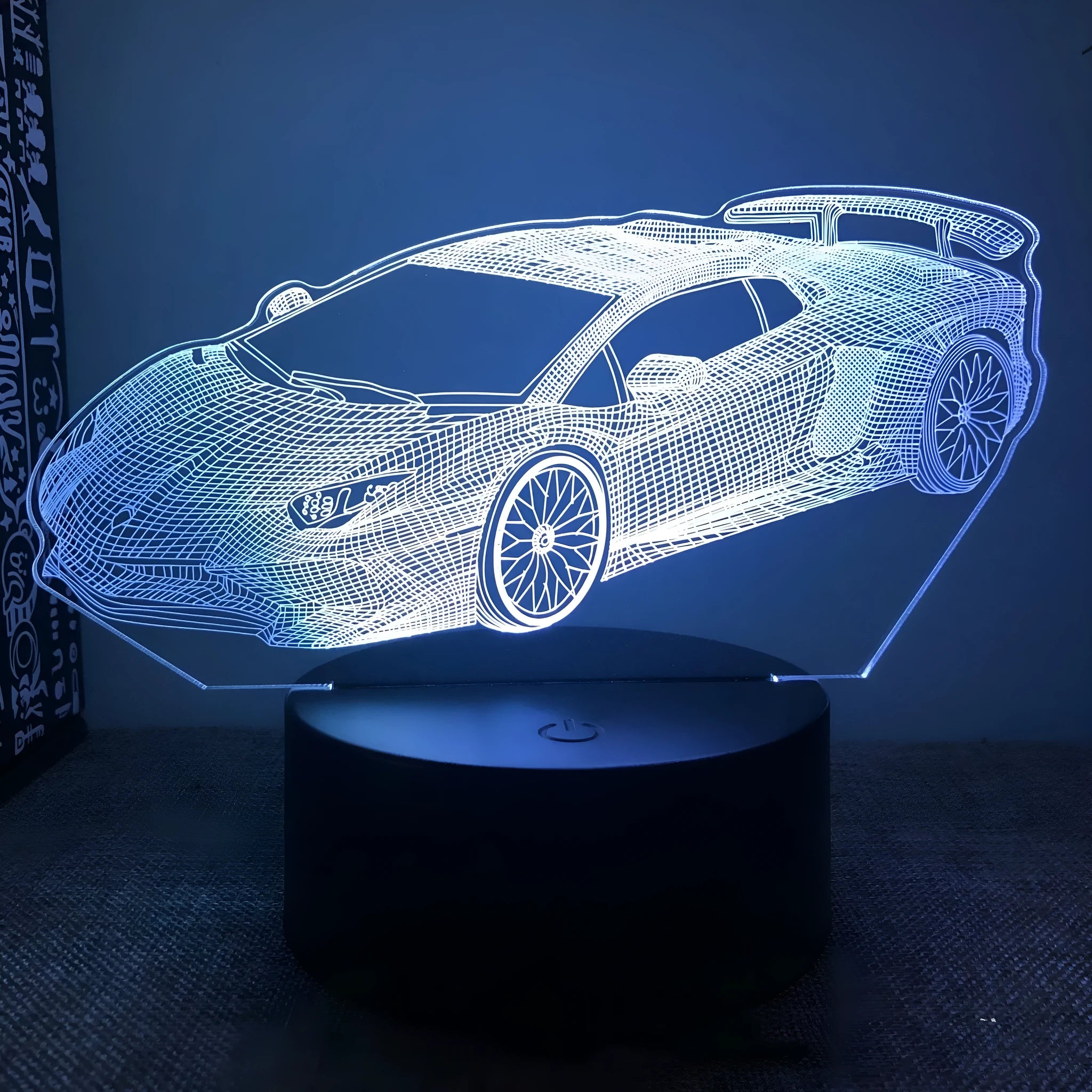 Modern car-shaped USB bedside lamp with touch remote control showing 16 colour lighting options