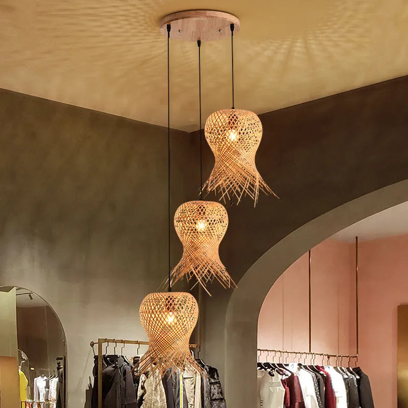 Bamboo woven chandelier with wood art frame new Chinese style ceiling lamp