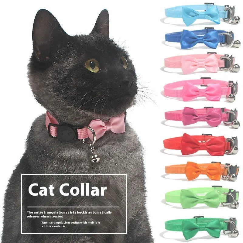 Adjustable nylon cat collar with decorative bow and bell in striped pattern multiple colours