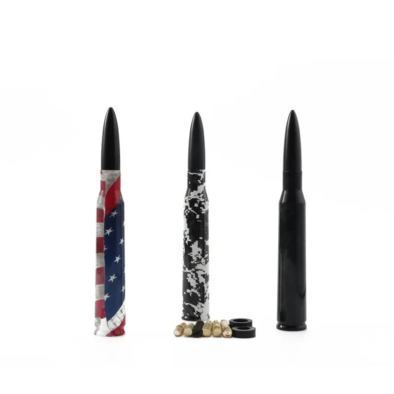 Universal 14cm car antenna shown in colour black, camouflage green, and American flag designs
