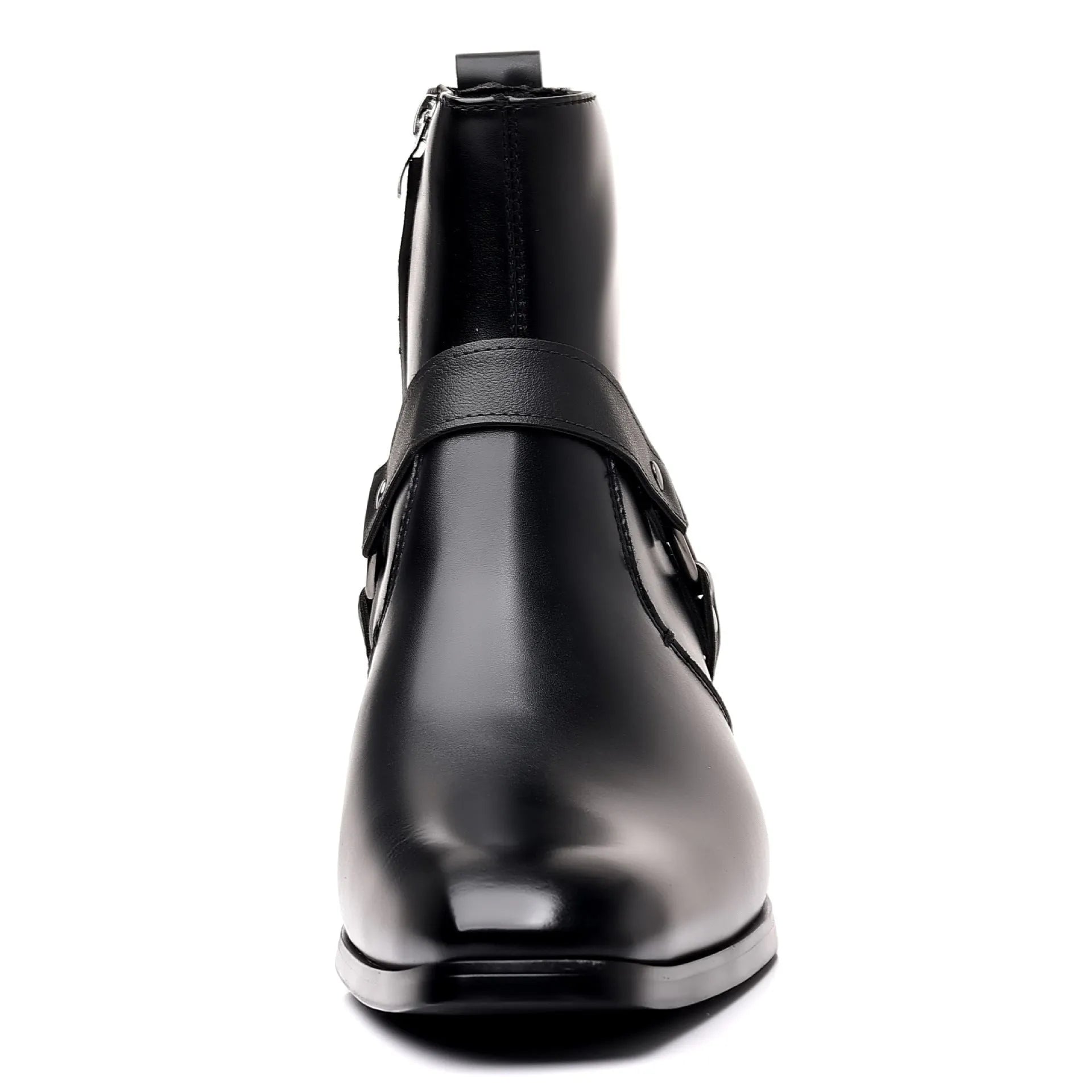 Black unisex chain ankle boots with side zipper, square toe, and high heel.