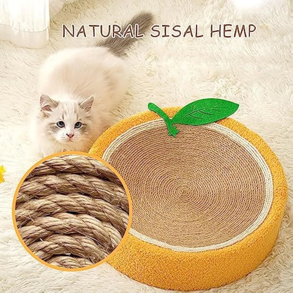 Yellow round sisal cat scratching board and bed with a concave centre for small breed cats.