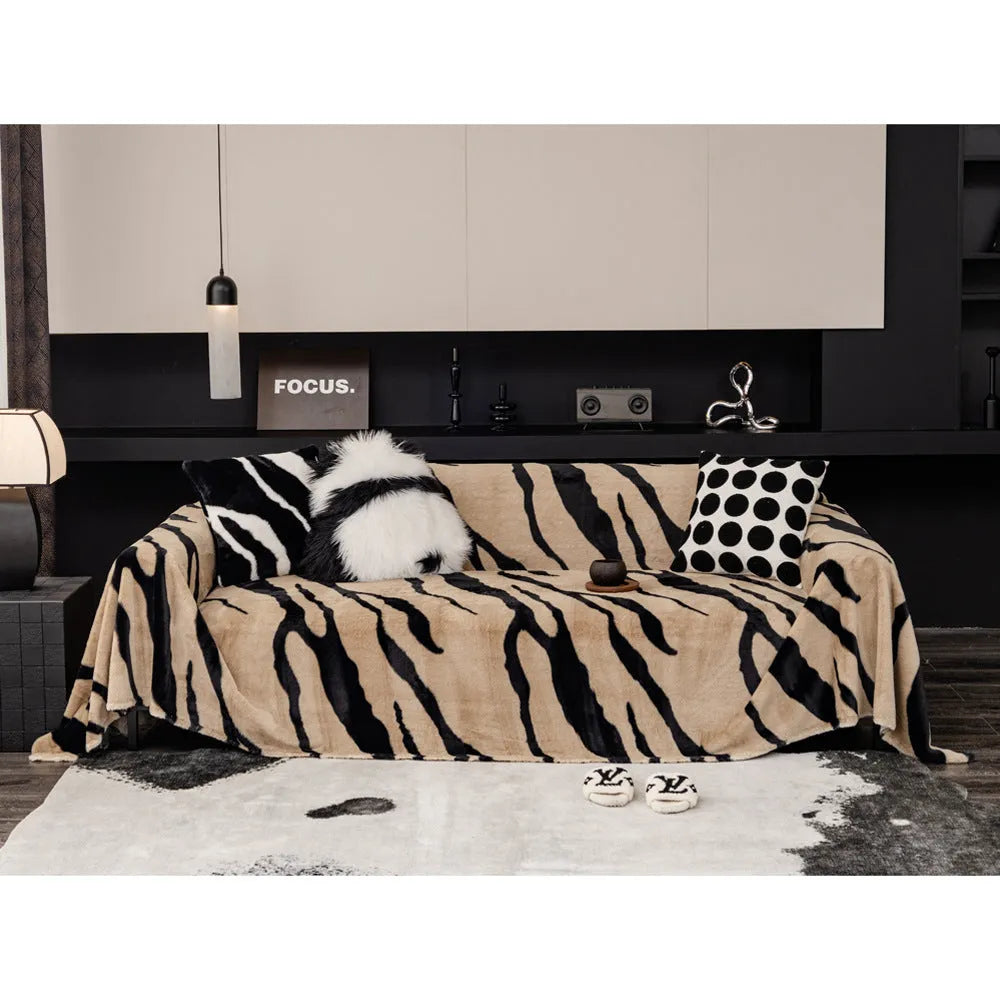 Zebra pattern flannel sofa cover with non-slip design in caramel colour showing texture and sizing