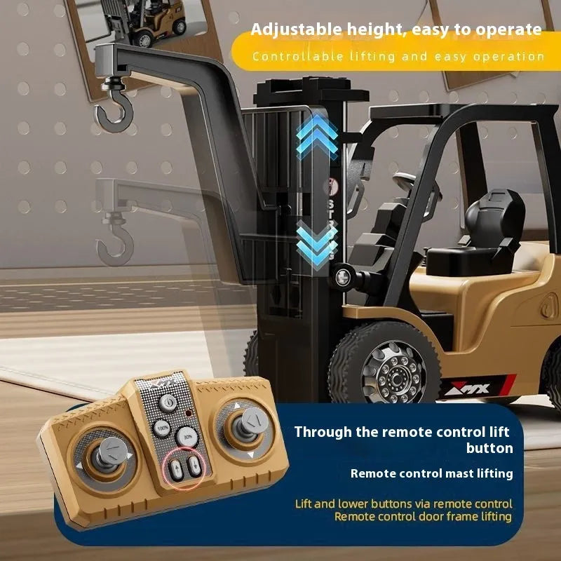 1:64 scale alloy remote control forklift with cargo hook, forks and pallet accessories