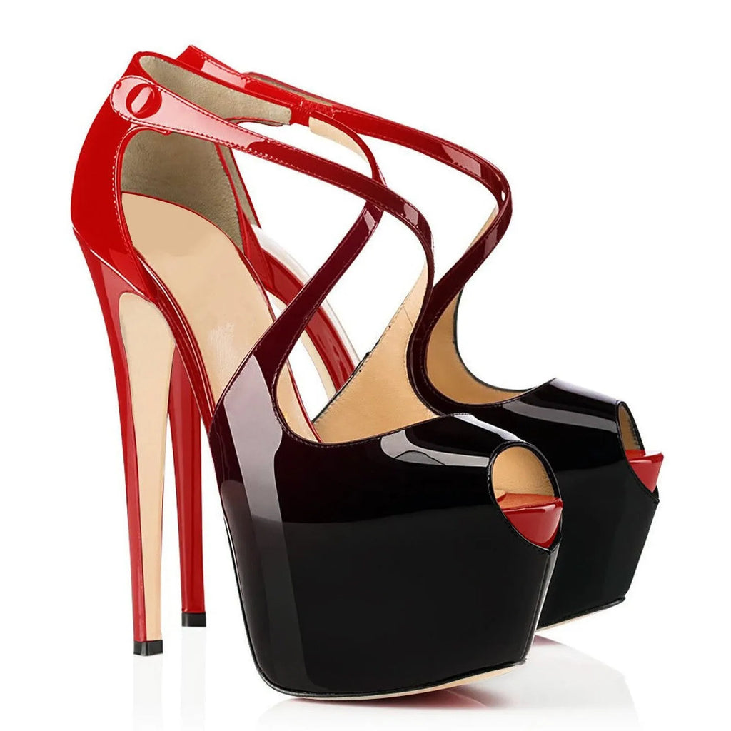 Black and red women's peep toe high heels with cross strap design and super high rubber sole heels