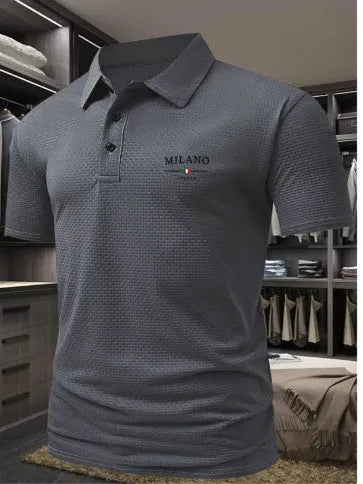 Men's light blue lapel collar polo shirt with short sleeves on a hanger.