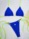 Women's lace up split bikini set with high waist briefs in lake blue colour, front lace detail, nylon fabric