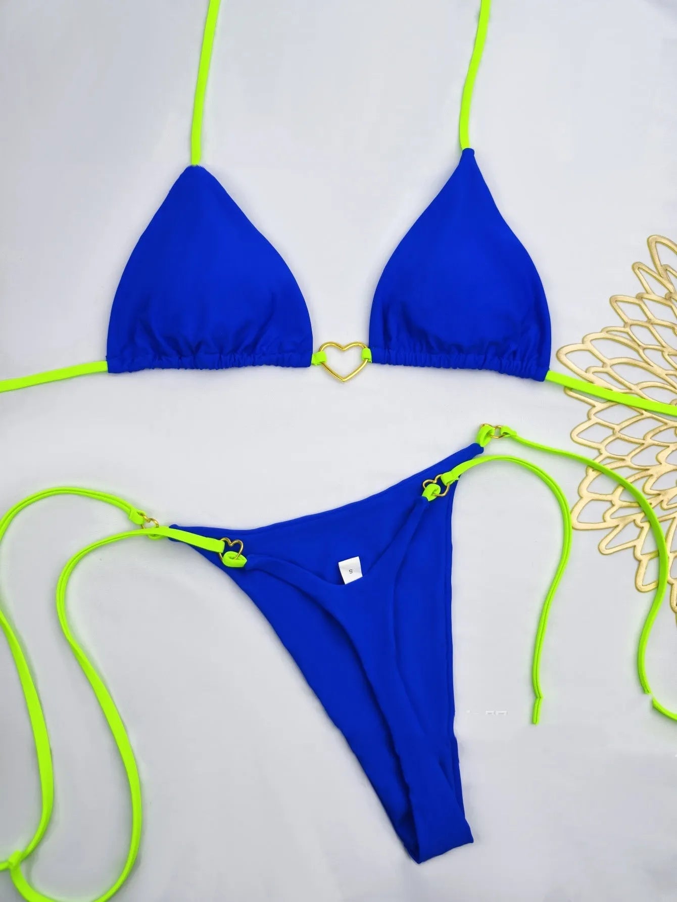 Women's lace up split bikini set with high waist briefs in lake blue colour, front lace detail, nylon fabric