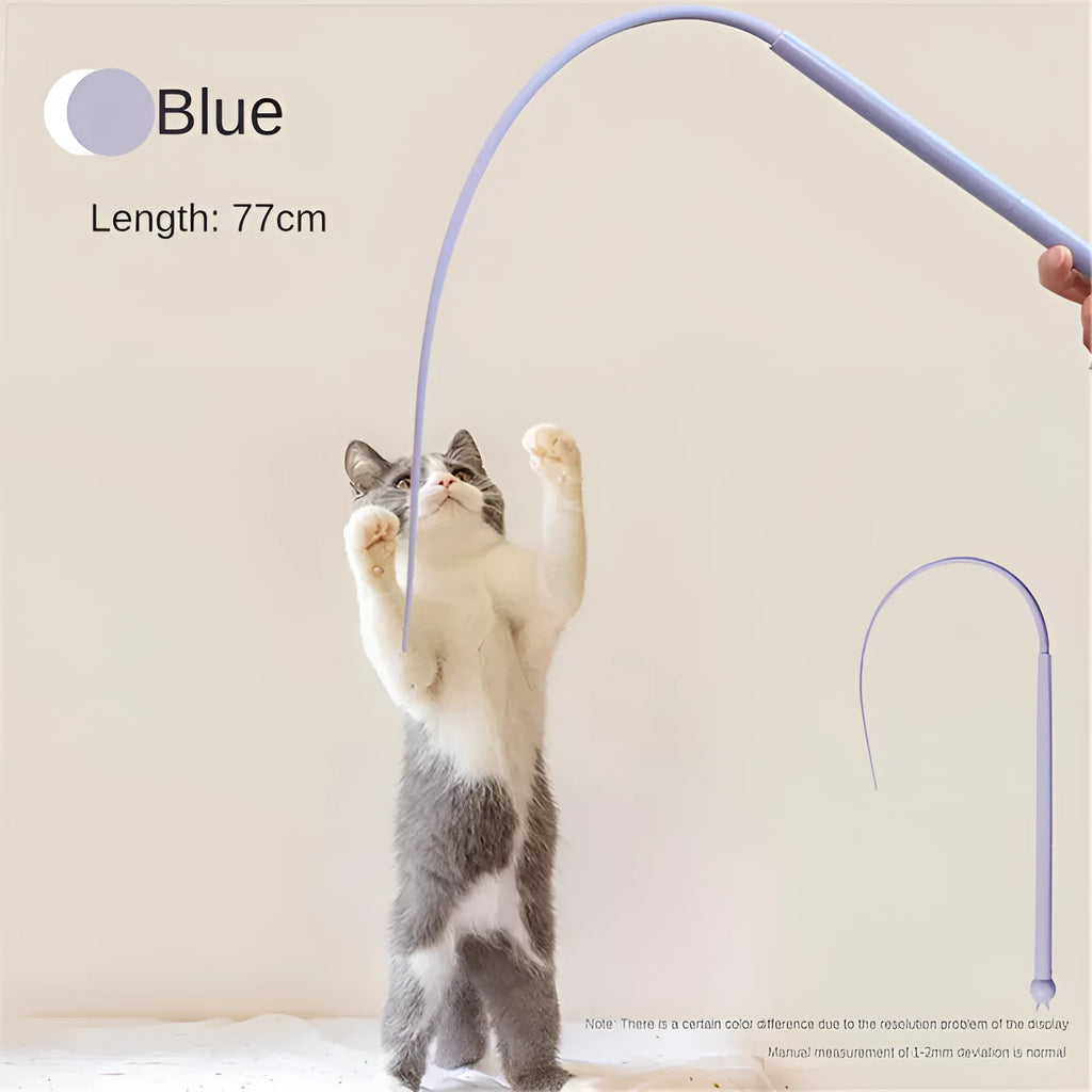 Simulated mouse tail cat toy with silicone tail and cat head design in blue or pink colours
