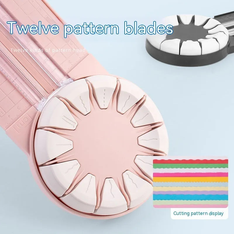 Pink and black 12-in-1 plastic paper cutting machine with dotted guides for A4 paper