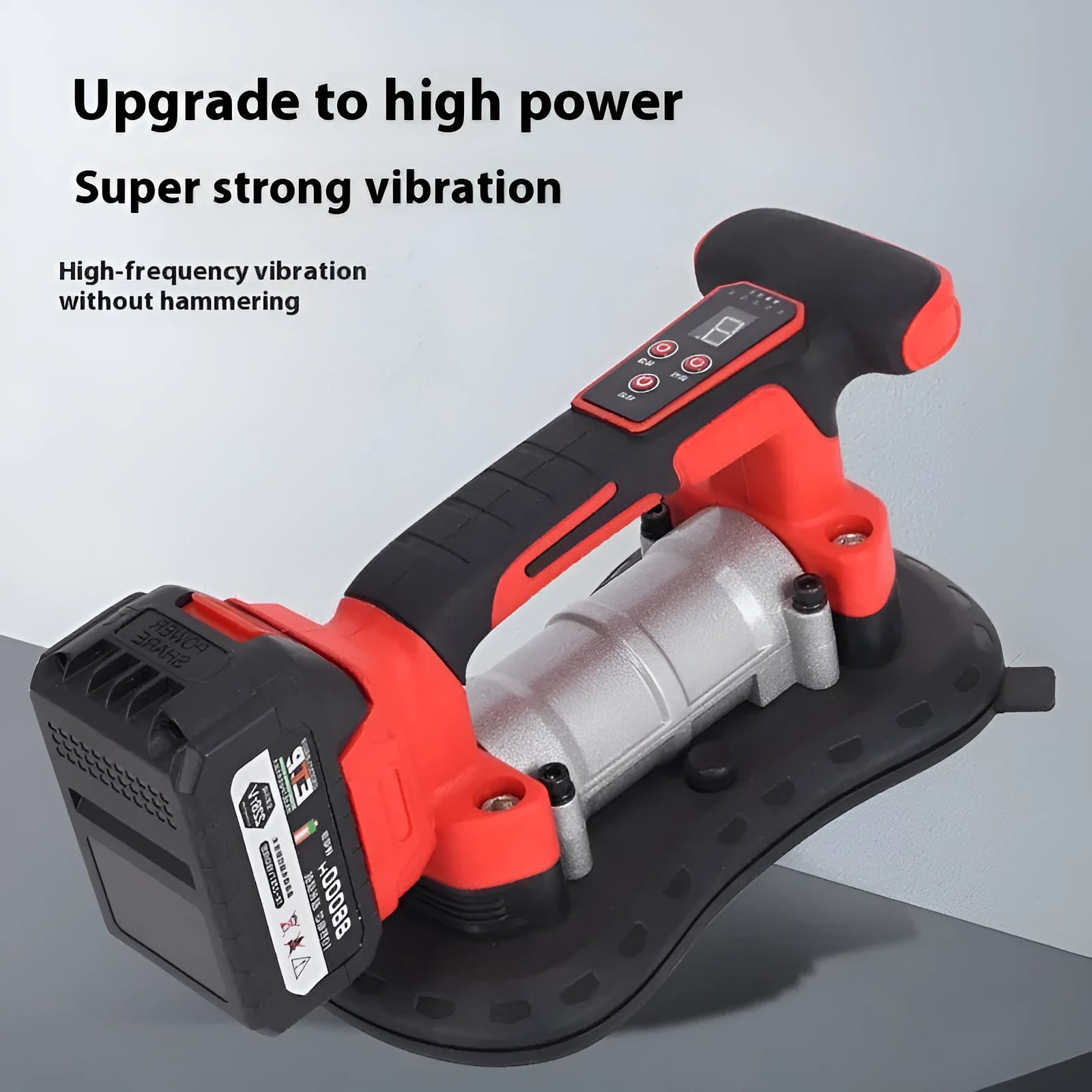 Cordless 21V electric tile laying machine with battery on a large format tile.