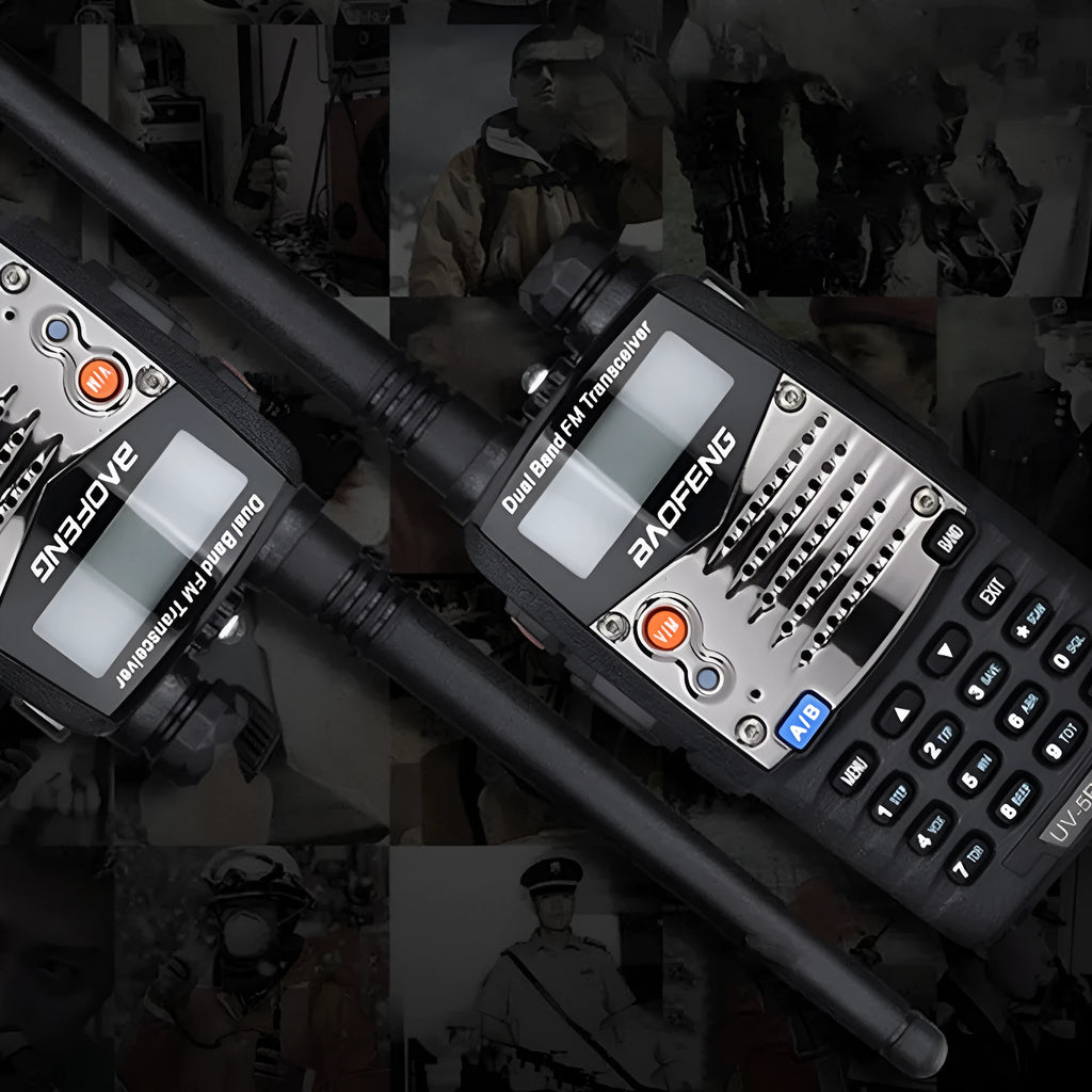Baofeng UV-5RA black handheld dual-band amateur radio with LCD display and antenna.