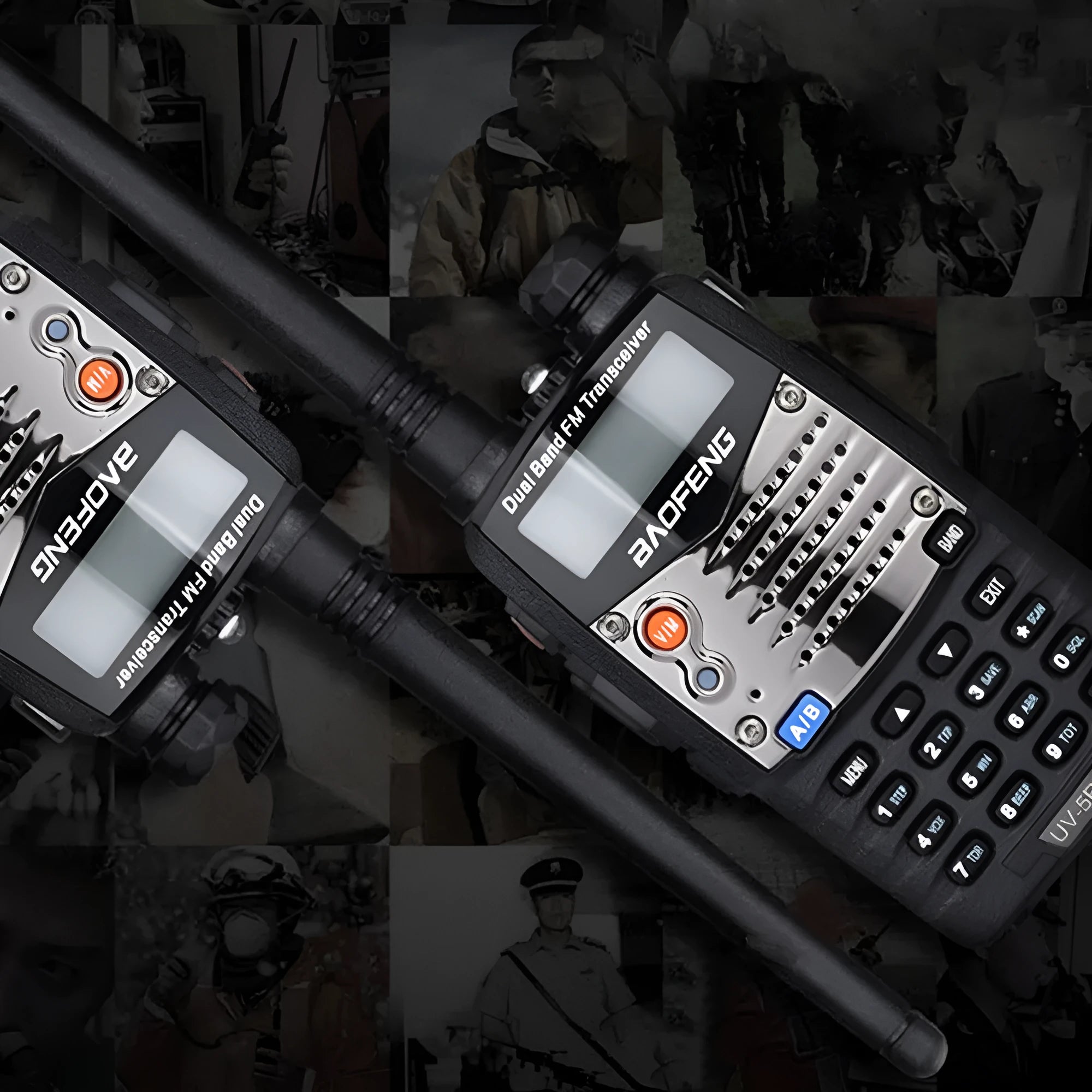 Baofeng UV-5RA black handheld dual-band amateur radio with LCD display and antenna.