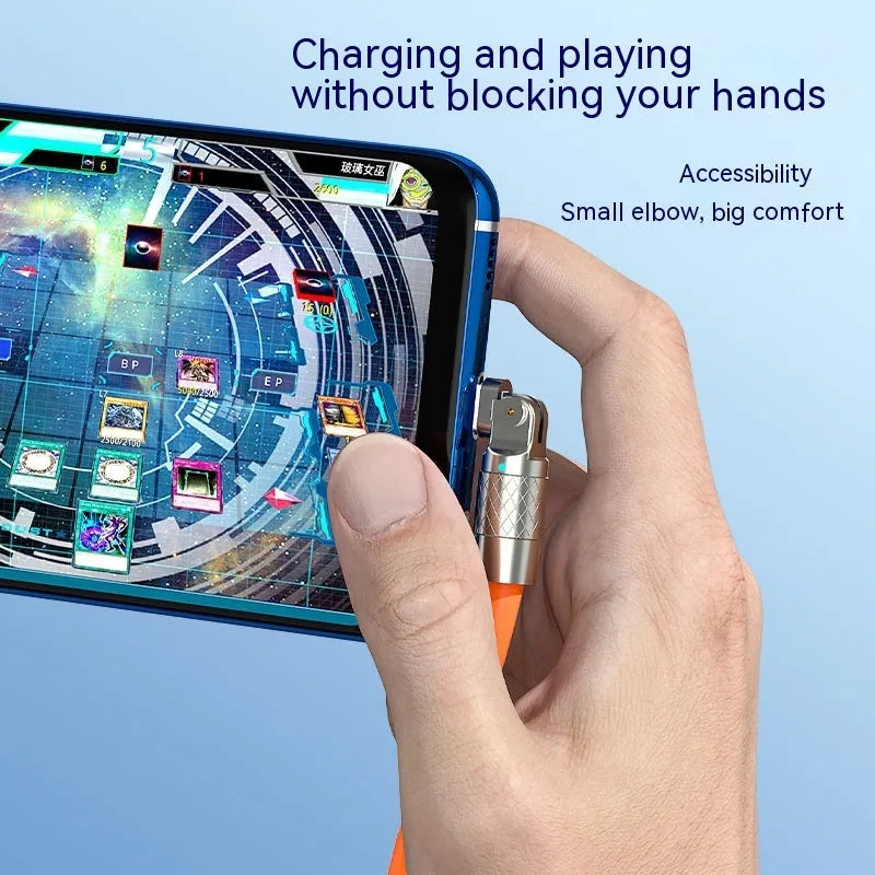 Orange rotating elbow charging cable with zinc alloy head for Lightning, Micro USB, and Type-C devices