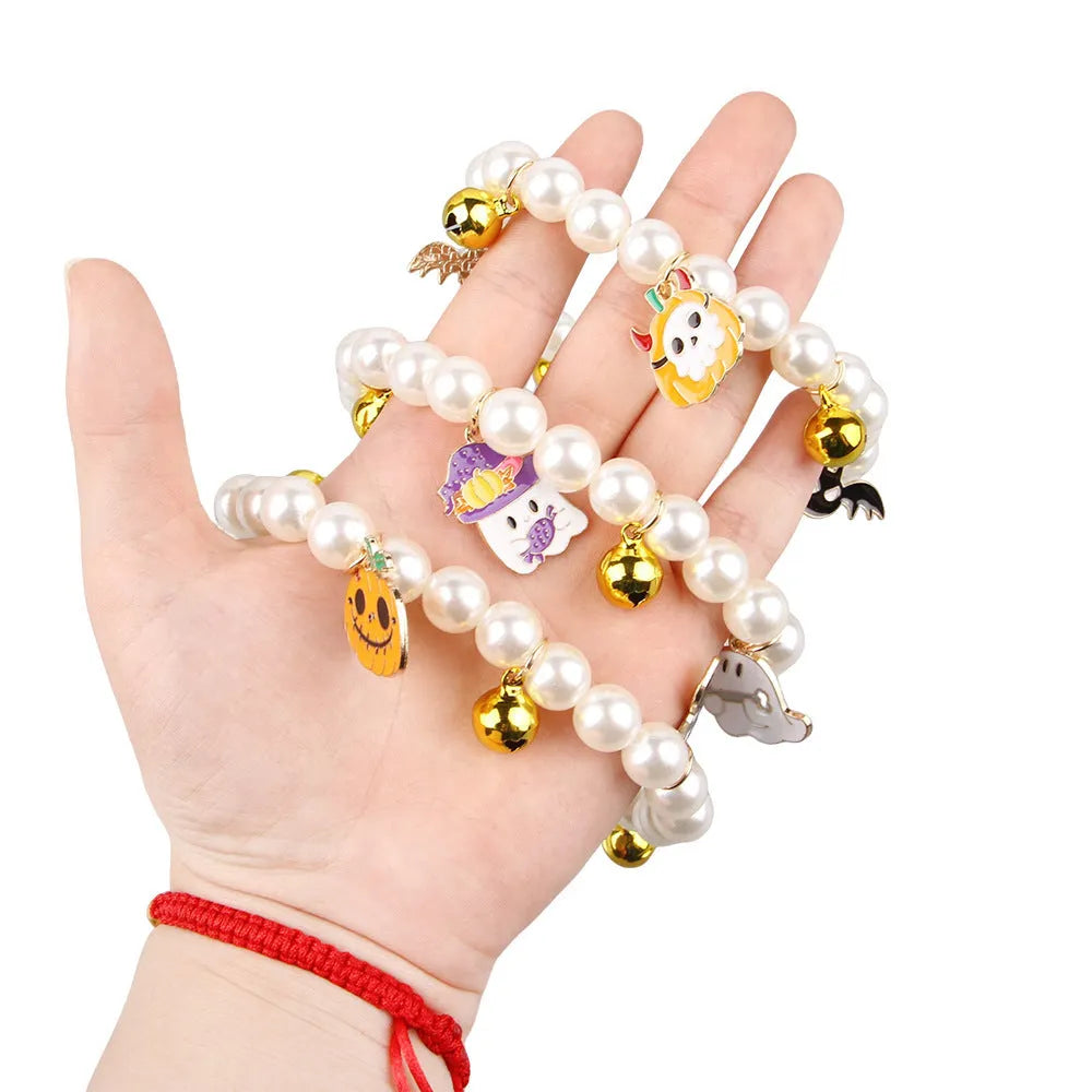 Halloween cat collar with simulated pearl necklace design in pumpkin pattern options