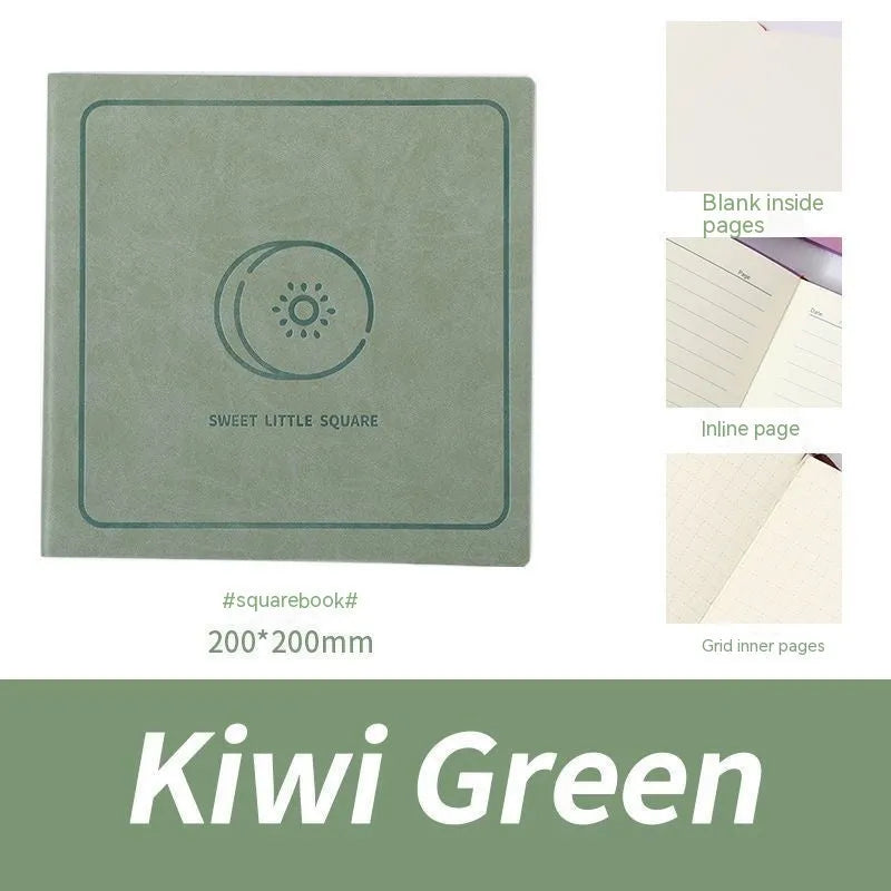 Square faux leather notebook in peach pink, avocado green, or grey green with blank, lined, or grid pages.