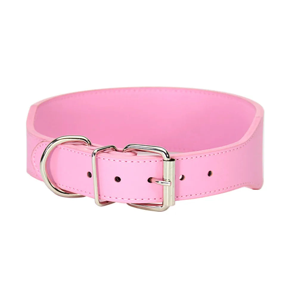 Large fish-shaped leather dog collar in red, blue, black, pink, or brown on a size chart.