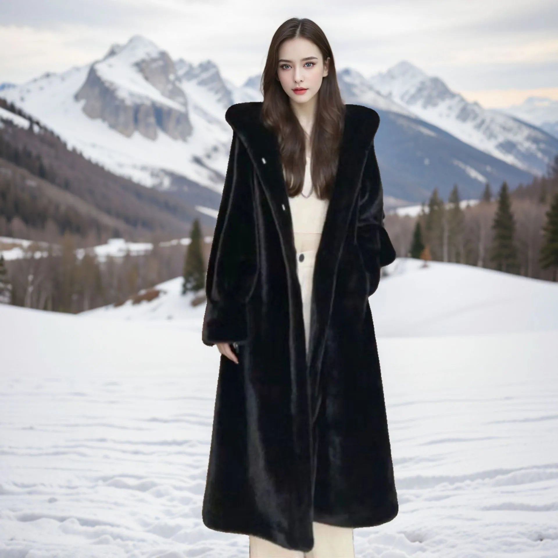 Brown leopard print plus size faux fur long coat on a hanger, showing loose fit and regular sleeves.