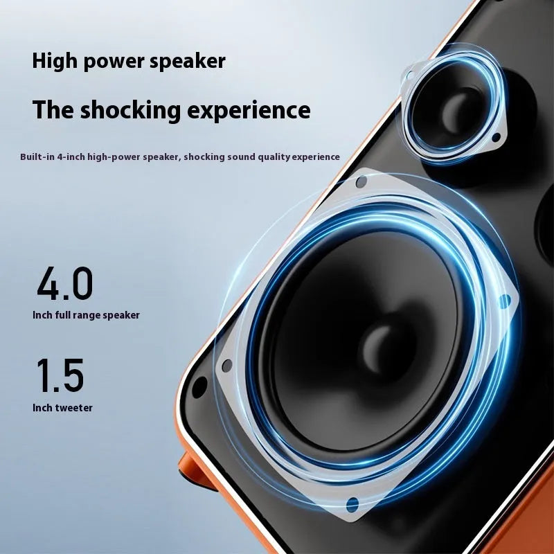 Outdoor karaoke Bluetooth speaker with dual wireless microphones in black, portable lithium battery design