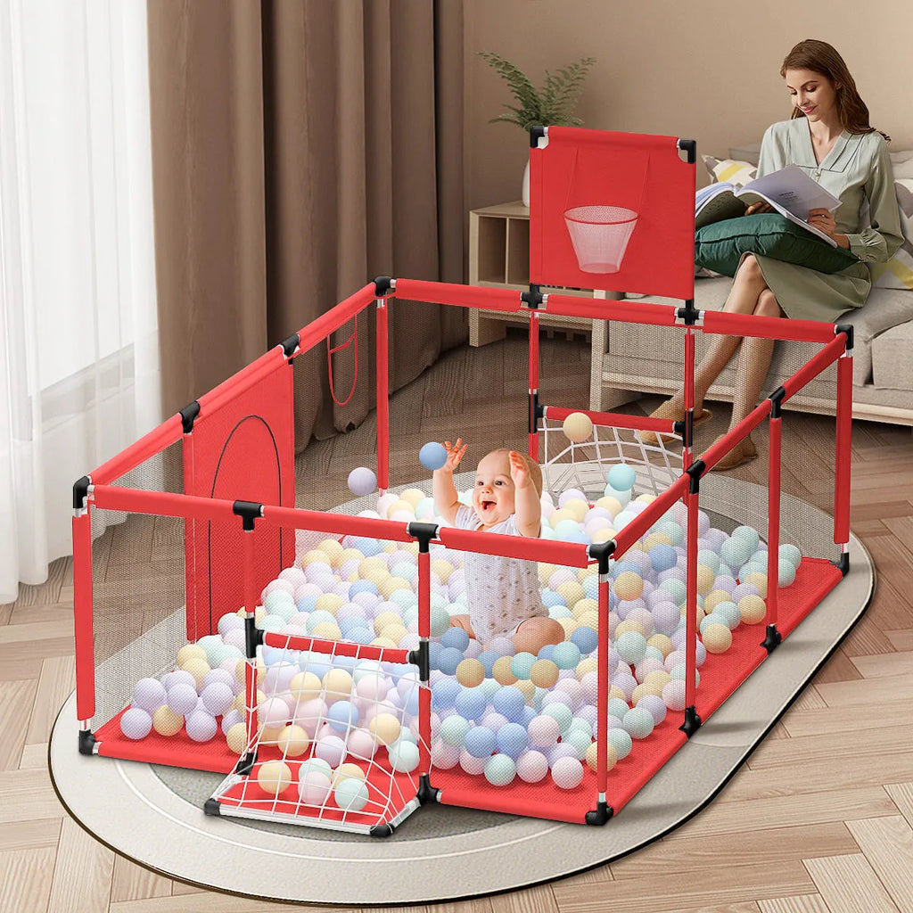 Children's playpen tent with steel frame and fabric walls in nursery setting