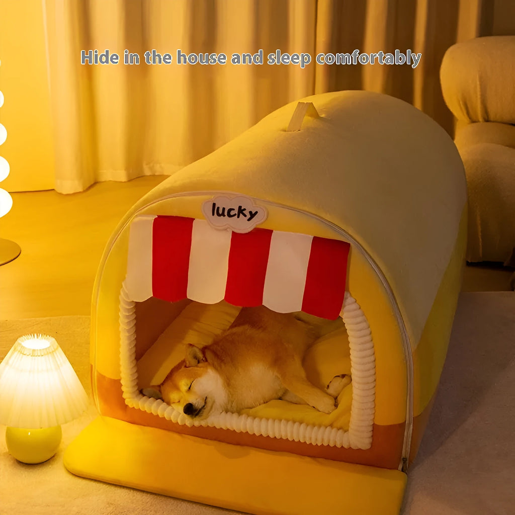 Painted dog bed with sponge filling in rock yellow-lucky colour, shown in L size 50x40x35cm