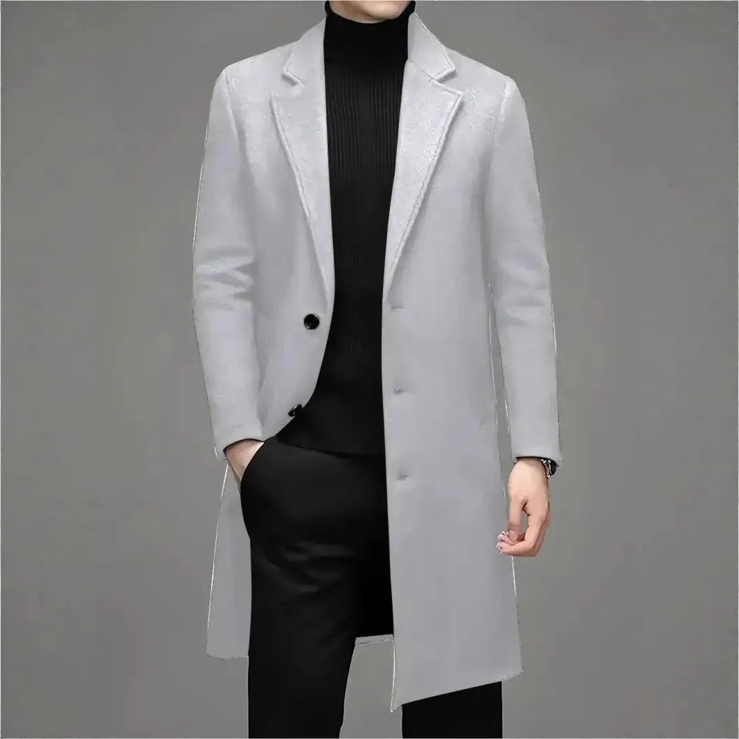Men's slim-fit woolen coat in solid colour, side seam pockets, 100cm length, polyester