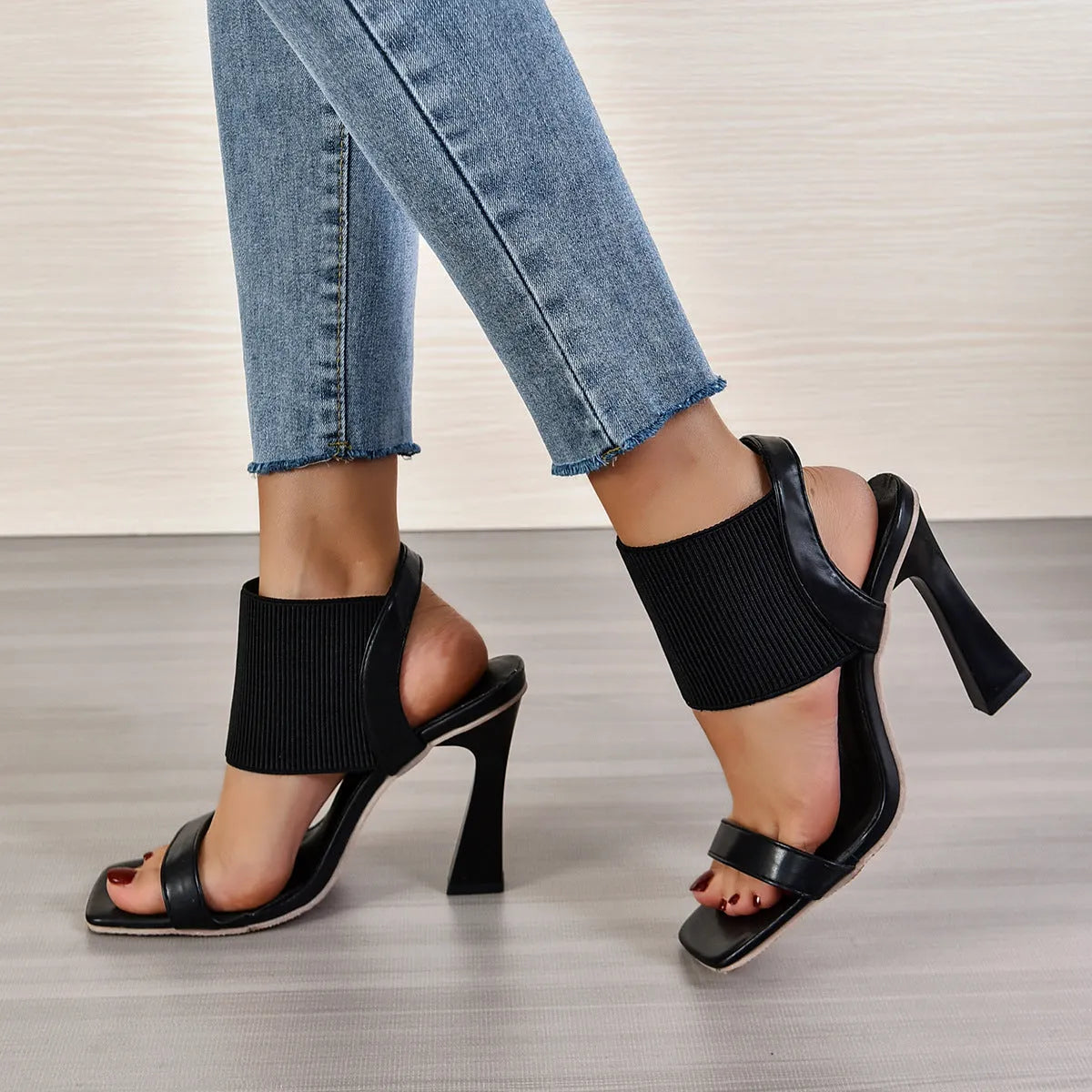 Women's high heel sandals with elastic straps in black, brown and milky white colours
