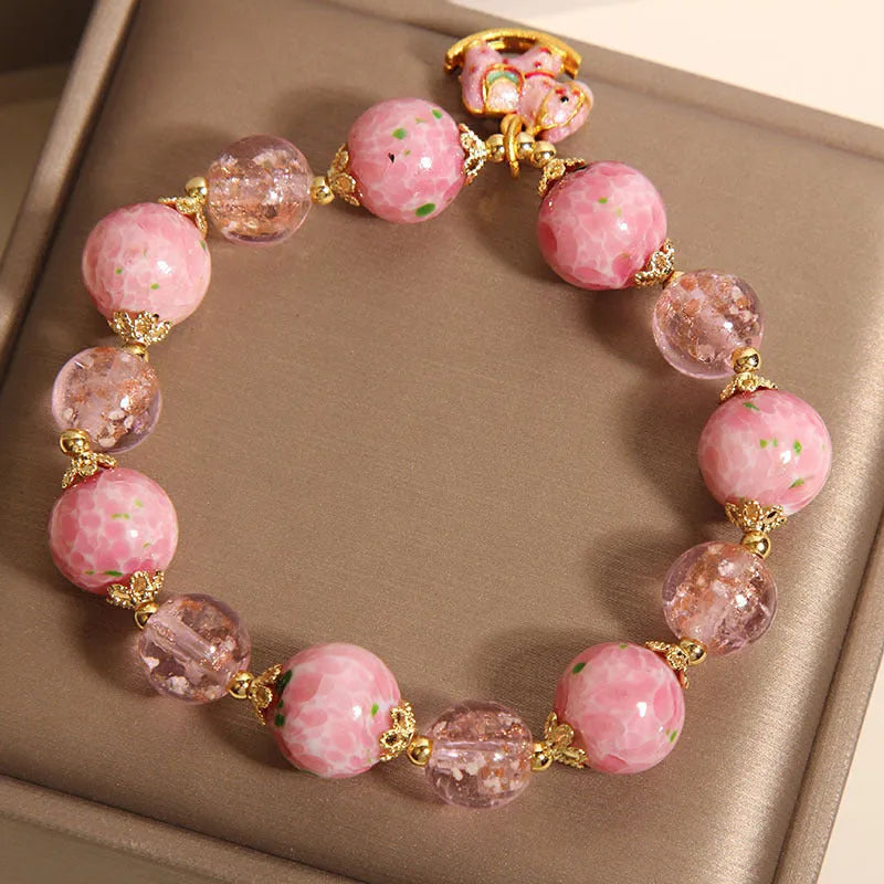 Cherry blossom women's luminous glass crystal bracelet in gourd style with coloured glaze finish