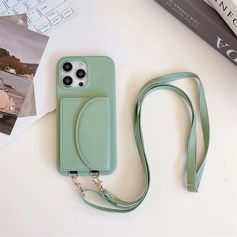 Litchi pattern phone case with coin purse card holder and lanyard for iPhone on white background