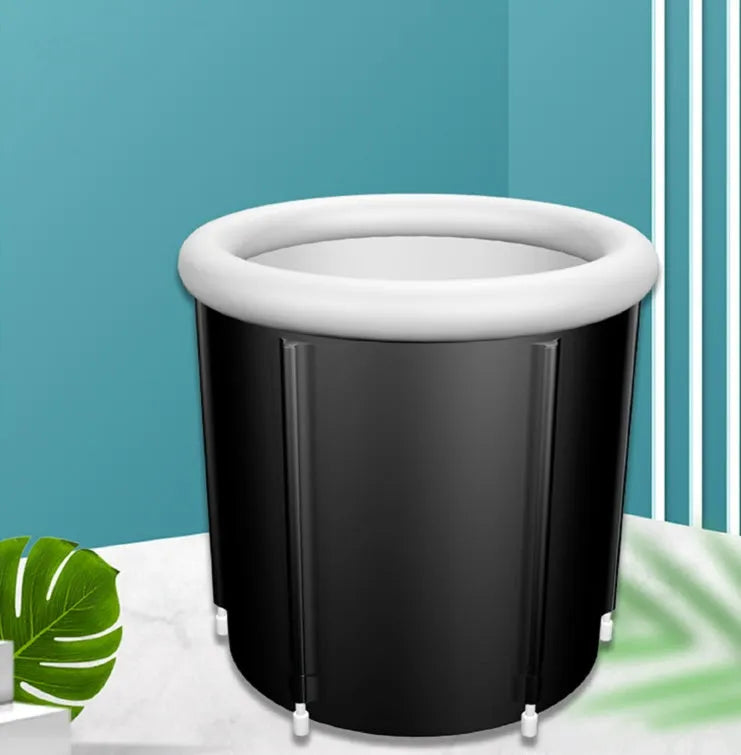 Black portable PVC ice bath measuring 70x80cm with all-weather lid and accessories for cold water therapy