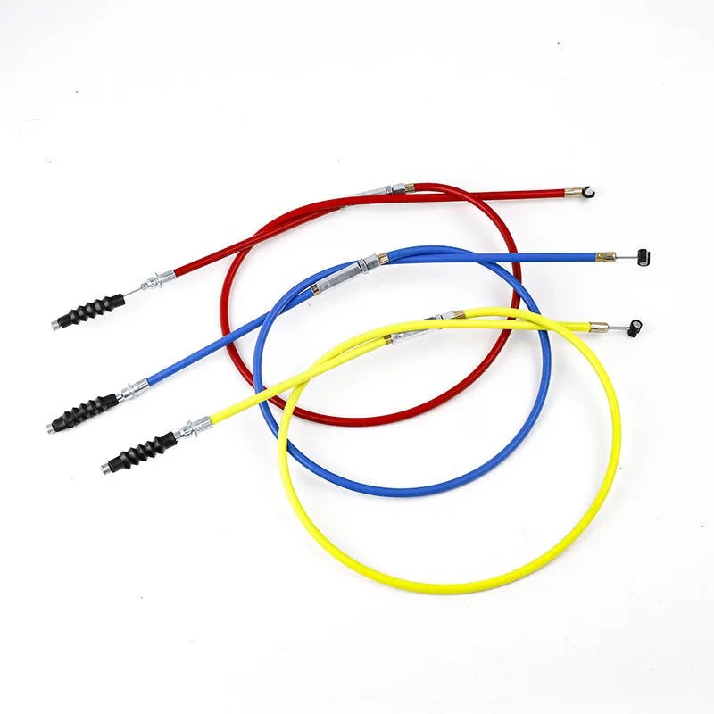 0.98 metre motorcycle clutch and accelerator cable set in black, blue, red, and yellow for 110-125cc scramblers.