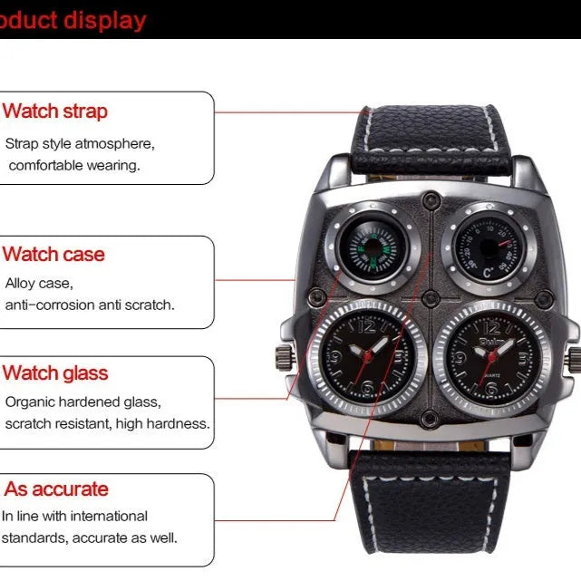 Men's quartz watch with 49mm square alloy case, imitation leather strap, and luminous compass GMT thermometer functions