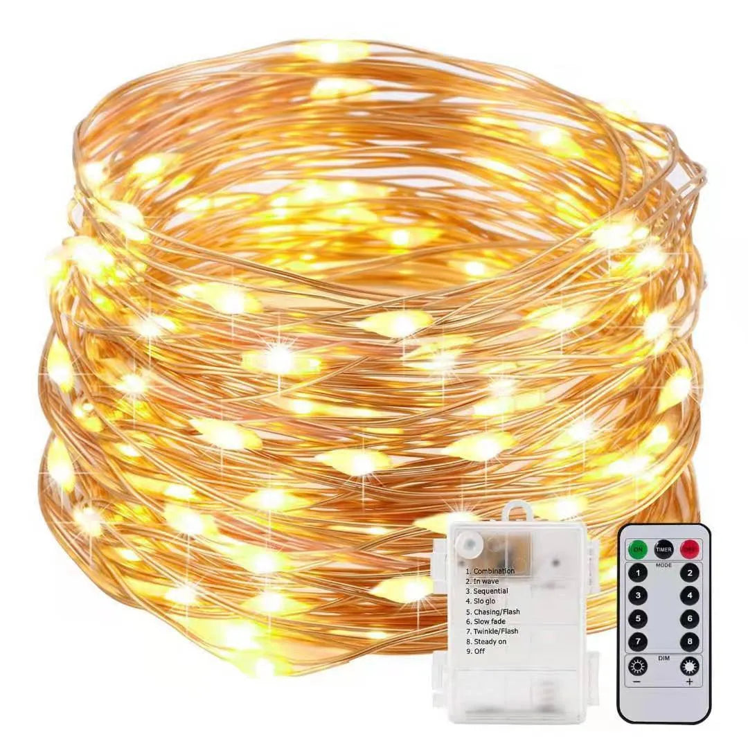 Copper wire string light with LED bulbs, battery box, and USB plug on a 12-metre cable.