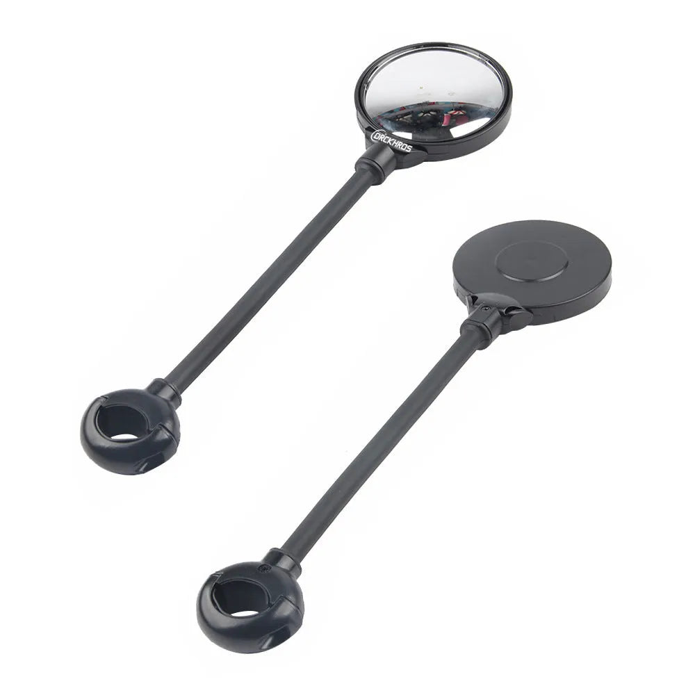 Black metal bicycle rearview mirror with hose adjustment mechanism and reflector