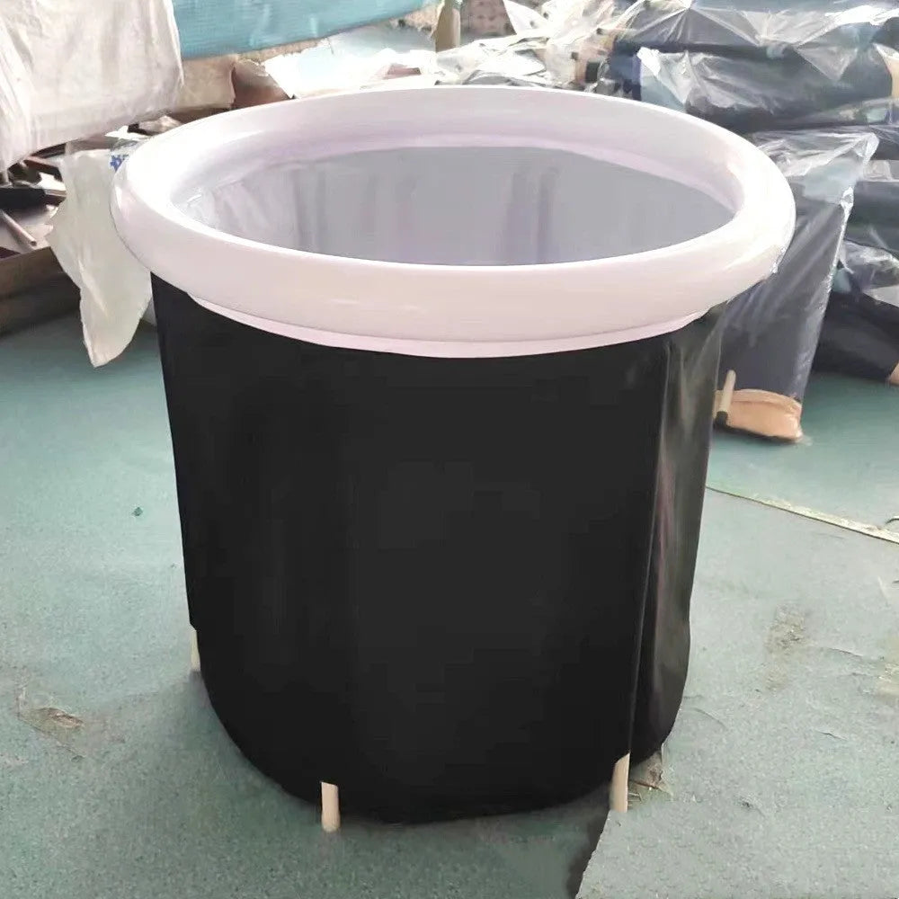Black portable PVC ice bath measuring 70x80cm with all-weather lid and accessories for cold water therapy