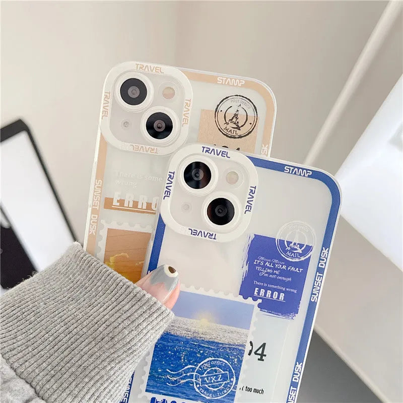 Creative stamp TPU phone case with angel eye design in orange, blue or black for iPhone models
