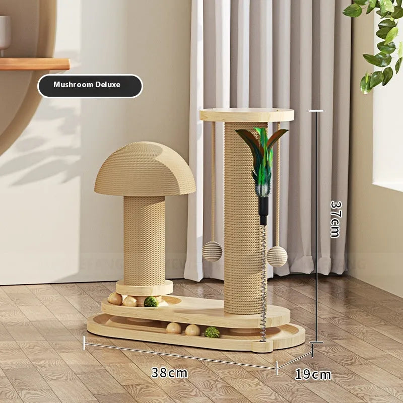 Solid wood cat scratching post with turntable climbing frame in various design options