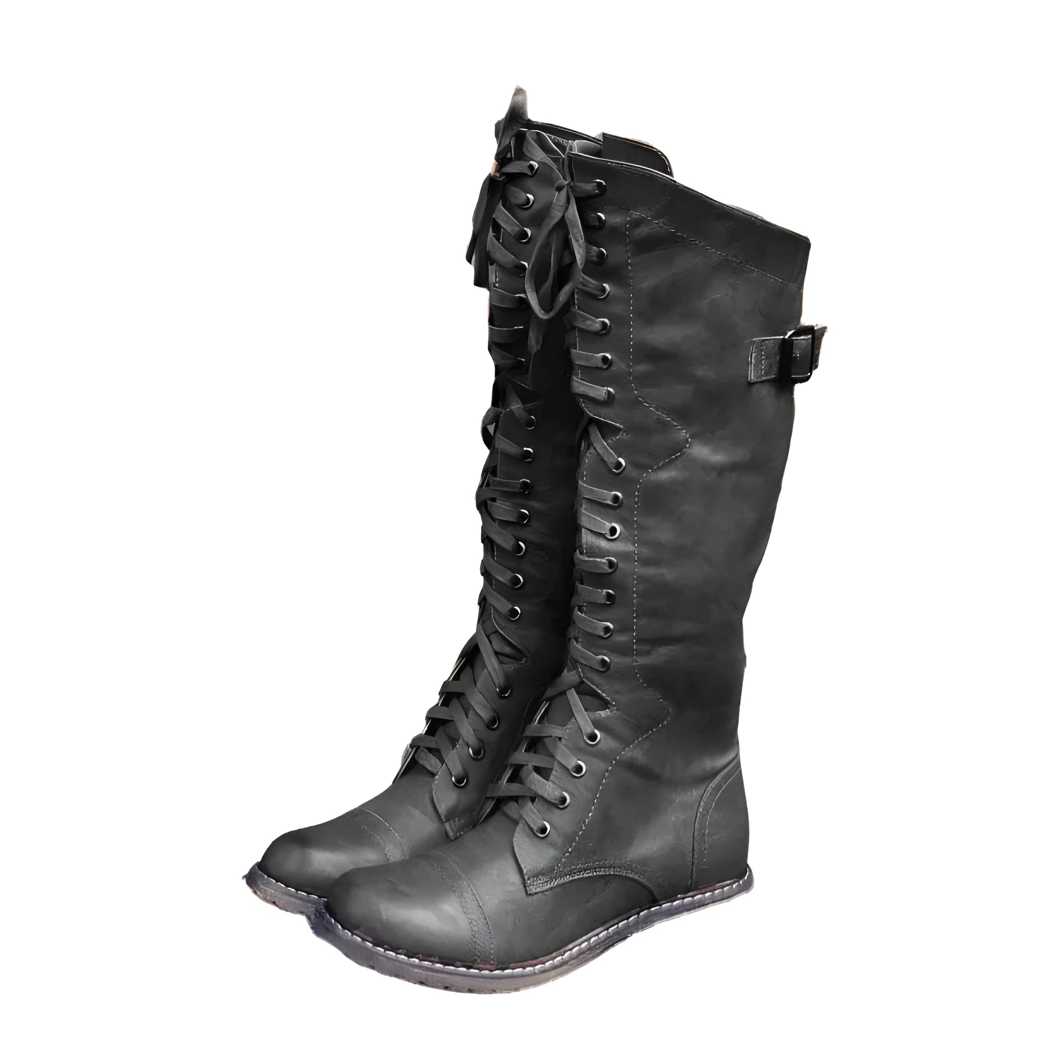 Women's black knight boots with a cross strap design on the shaft.